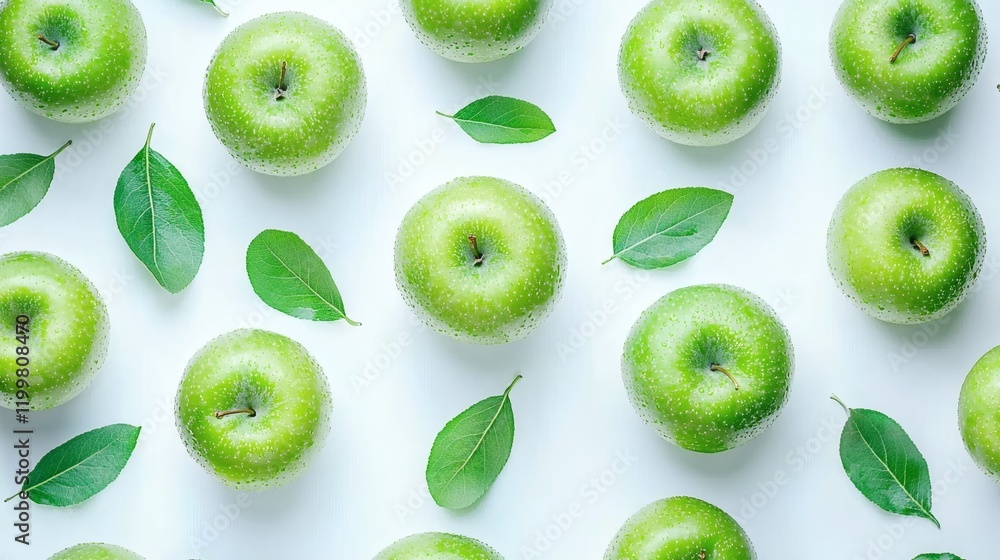 Poster isolated of apples with leaves attached scattered on a white surface for a natural fresh appearance 