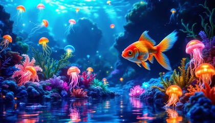Vibrant Underwater Scene with Goldfish, Colorful Coral, and Jellyfish