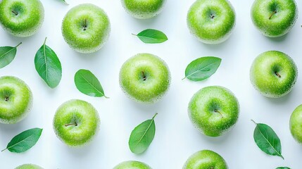 Fototapeta premium Isolated of apples with leaves attached scattered on a white surface for a natural fresh appearance Stock Photo with side copy space