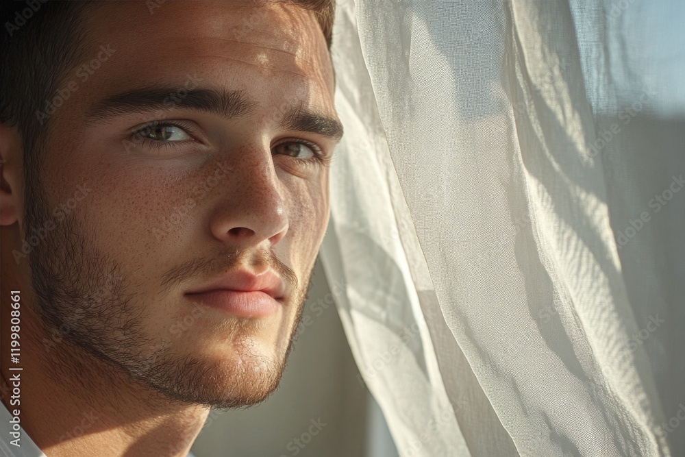 Poster young man gazes thoughtfully by the window with soft light filtering through sheer fabric