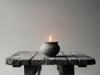 Elegant Clay Pot Candle with Flickering Flame on Rustic Wooden Table Surface.
