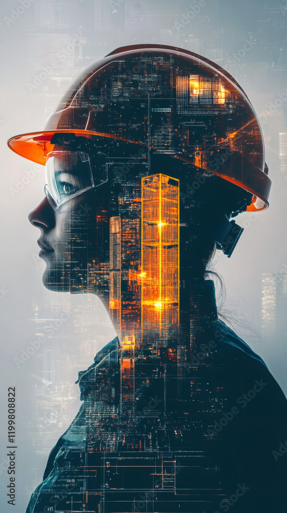 Poster double exposure of a female engineer wearing a safety helmet and digital glasses visualizing a smart