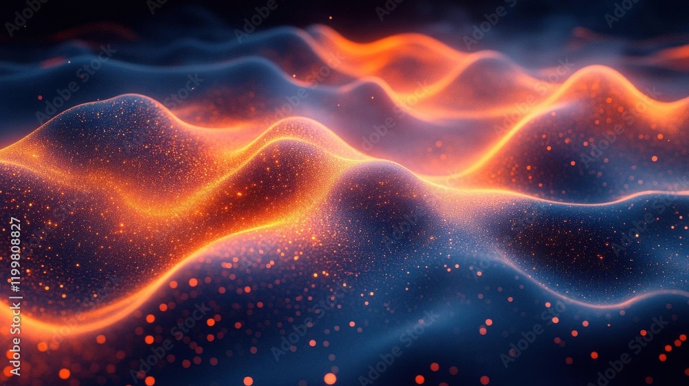 Poster a vibrant, abstract depiction of flowing waves with glowing orange and blue hues, creating a dynamic