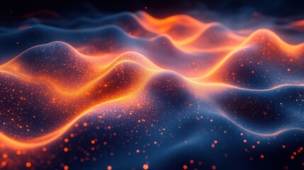 A vibrant, abstract depiction of flowing waves with glowing orange and blue hues, creating a dynamic, mesmerizing visual effect.