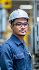 Young engineer wearing glasses, protective workwear and hardhat looking confident in industrial factory