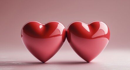 Two glossy red hearts merging together on a pink background