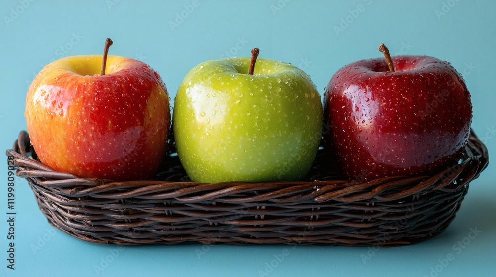 Aufkleber Isolated of apples of varying sizes and colors arranged artfully in a wicker basket on a white background Stock Photo with side copy space
