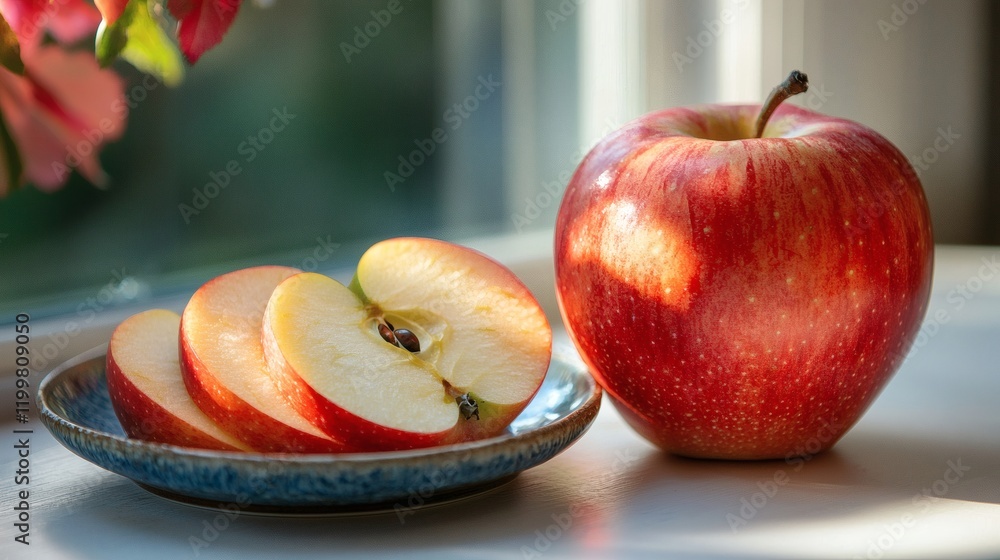 Poster isolated of a whole red apple next to thin slices positioned decoratively on a small ceramic plate o