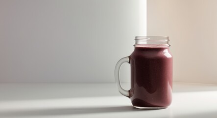 Dark Cherry Cocoa Smoothie with Almond Milk in Clear Glass Jar.