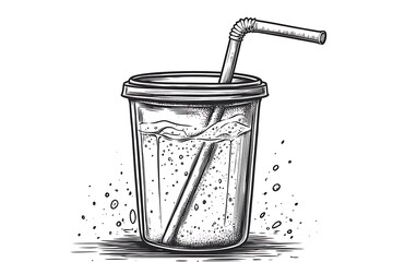 Engraved Illustration: Fizzy Drink in Disposable Cup with Straw