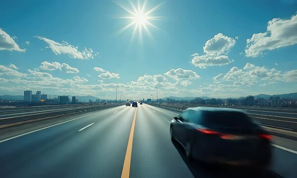 A bright highway scene under a clear sky with clouds and sun, showcasing open roads and distant buildings.