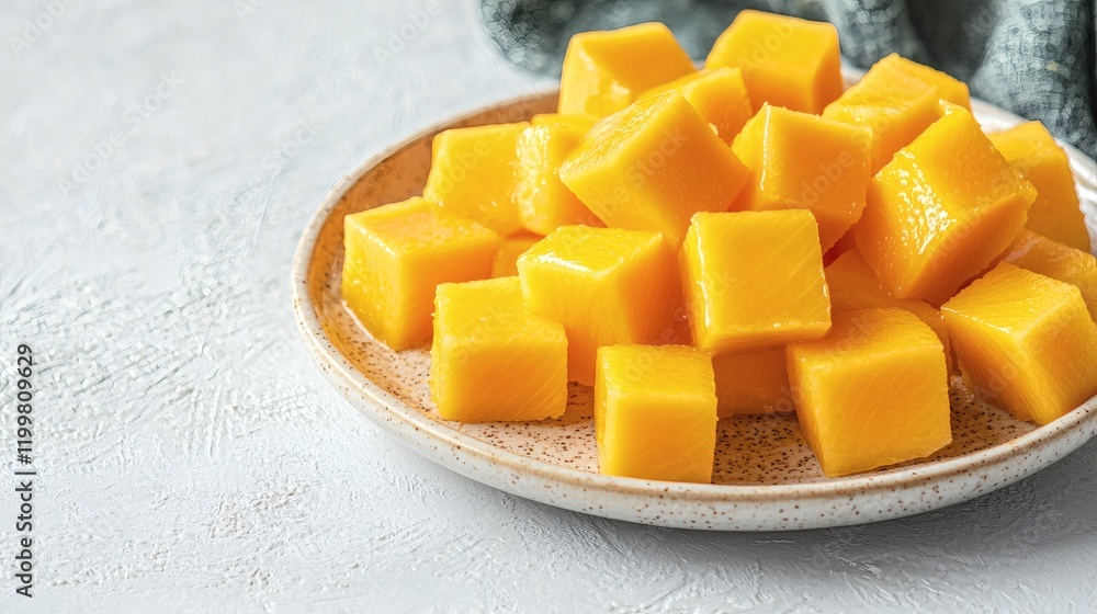 Poster isolated of sliced mango cubes displayed on a small ceramic plate with vibrant yellow tones on a whi