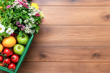Vibrant close-up of fresh produce colorful fruits and flowers in a basket
