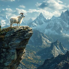 Majestic Mountain Goat Stands on Clifftop Overlooking Snowy Peaks
