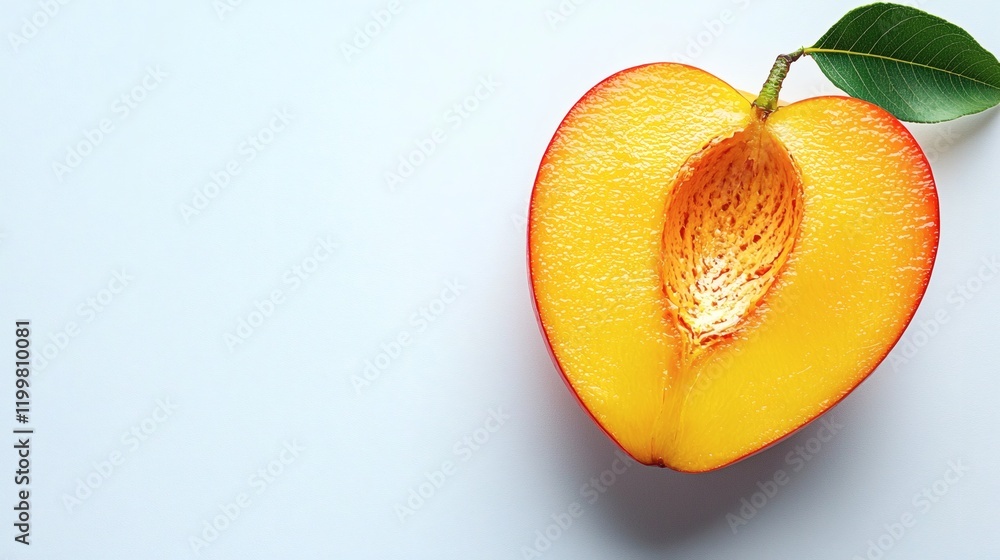 Aufkleber isolated of a mango cut into halves showcasing the bright juicy flesh and seed on a plain white surf