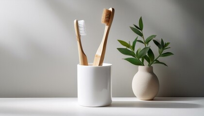 bamboo toothbrush in a simple white holder