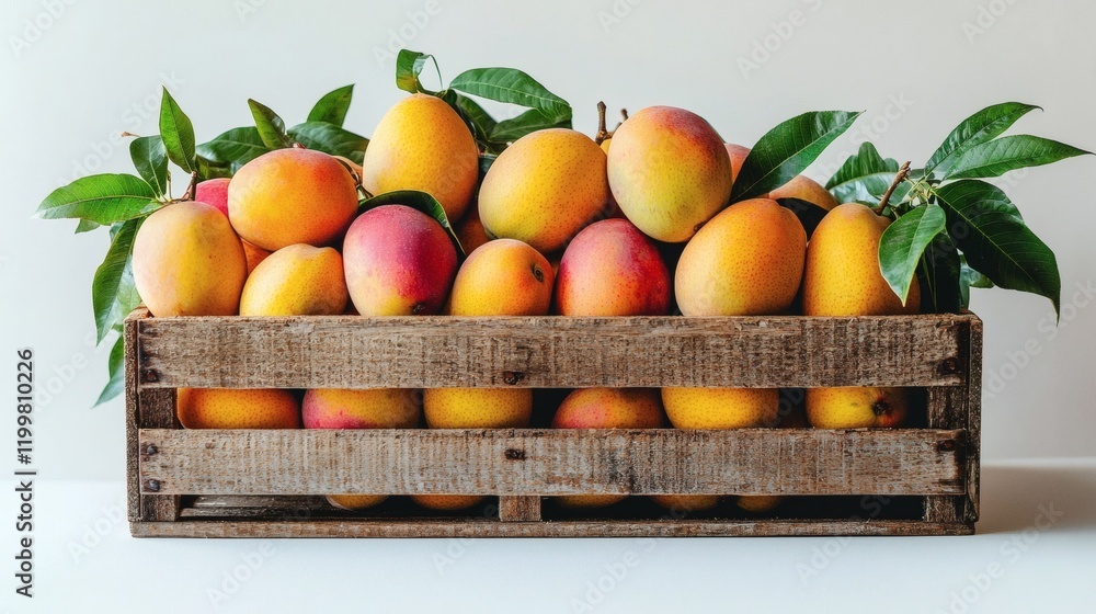 Aufkleber isolated of a group of mangoes placed inside a wooden crate with a clean white background stock phot