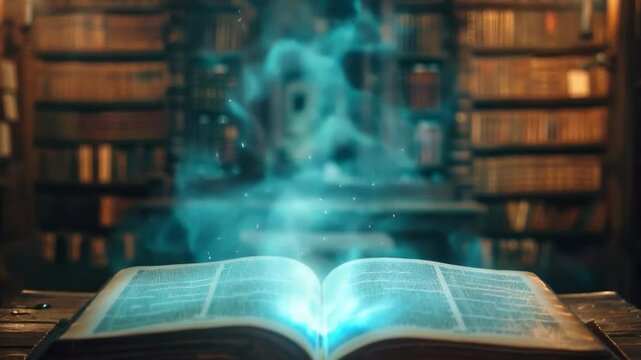 Video of an open book with a magical glow coming out of it in a library. Great for educational platforms, publishers and projects related to literature and knowledge.
