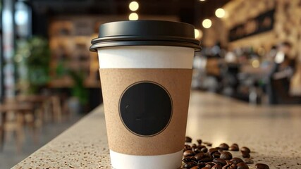Coffee Break: A takeaway coffee cup with a blank black label sits on a cafe counter, next to scattered coffee beans.  The cafe interior is softly blurred in the background.