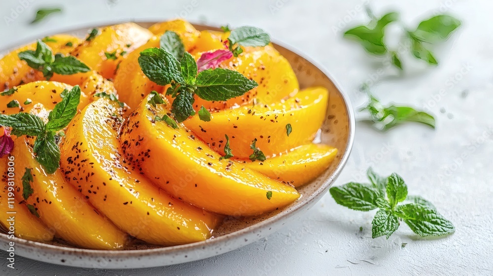 Aufkleber Isolated of fresh mango slices arranged in a spiral pattern on a plate placed on a plain white surface Stock Photo with side copy space