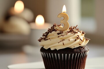 Delicious chocolate cupcake with a candle celebrating a third birthday party in a cozy setting