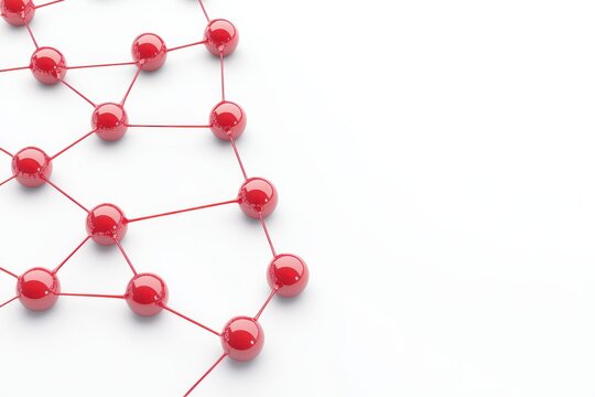 A network of red nodes connected by strings, creating a geometric pattern against a white background.
