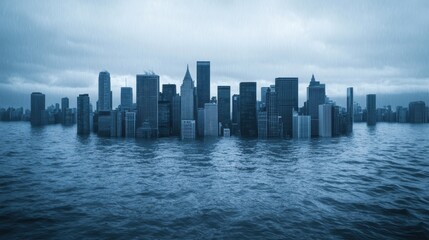 Naklejka premium Urban Skyline Flooded Water Cityscape in Dramatic Atmosphere
