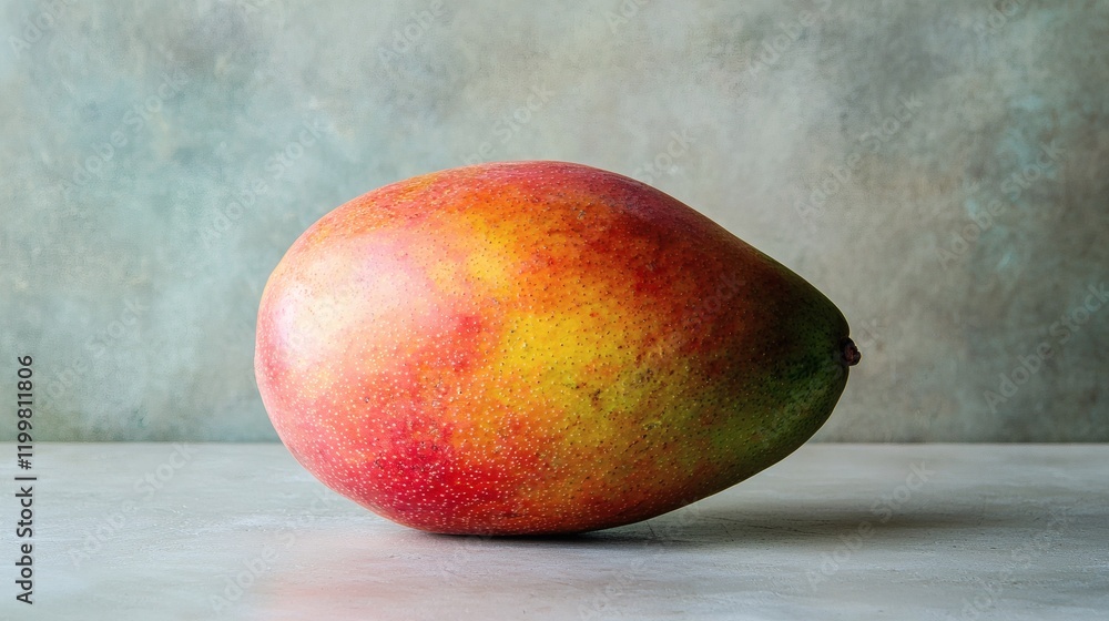Poster Isolated of a single mango with a smooth texture and perfect golden hue positioned on a clean white background Stock Photo with side copy space