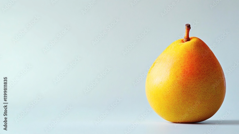 Poster Isolated of a single mango with a smooth texture and perfect golden hue positioned on a clean white background Stock Photo with side copy space