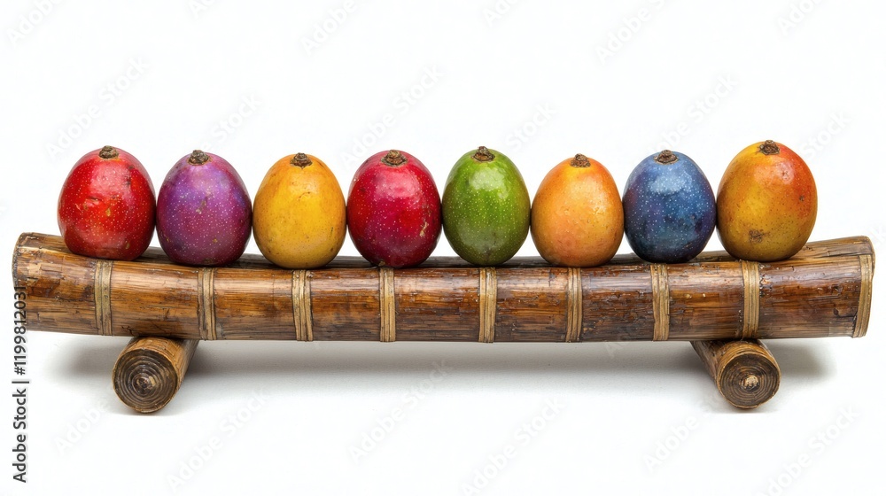 Poster isolated of mangoes in different ripening stages placed on a bamboo tray against a white background 