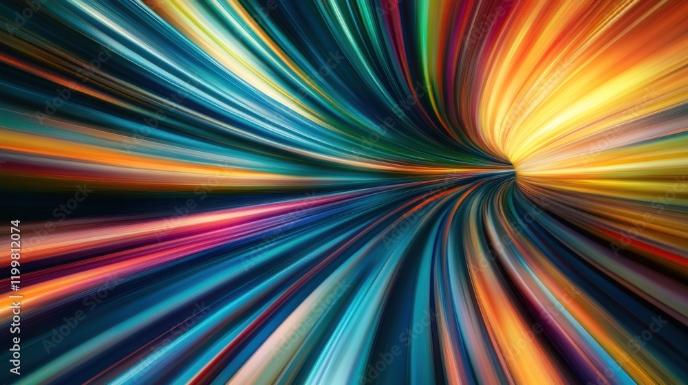 Poster vibrant abstract light trails creating a dynamic sense of motion through a colorful tunnel