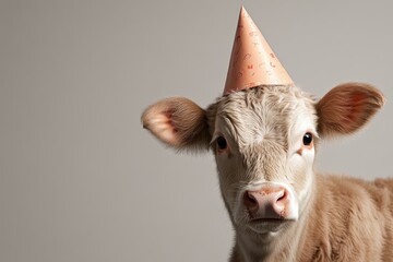 Cute young cow wearing a festive party hat celebrating a birthday in a simple indoor setting