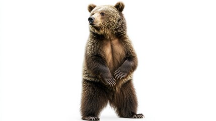 Fototapeta premium A powerful bear standing on its hind legs, its fur thick and detailed, isolated on a bright white background,