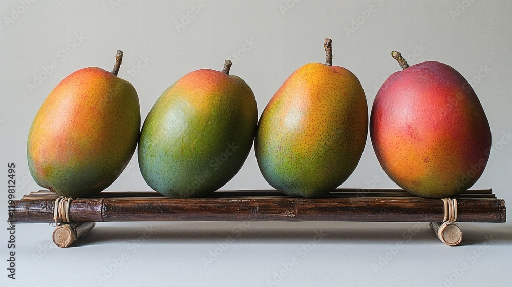 Poster isolated of mangoes in different ripening stages placed on a bamboo tray against a white background 