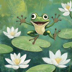 Happy Frog Leaping Among Water Lilies
