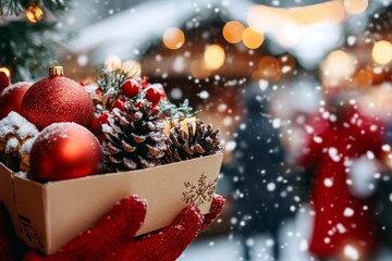 A festive winter market with stalls selling holiday treats, decorations, and gifts, surrounded by softly falling snow