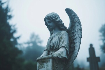 Weathered angel statue in foggy cemetery.