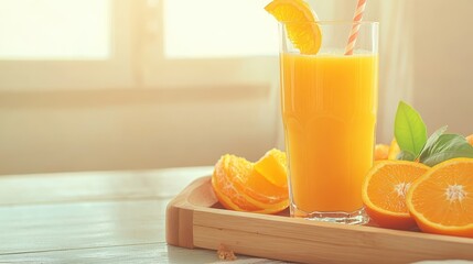 Naklejka premium Sun-Kissed Orange Juice: A tall glass of refreshing orange juice, garnished with a juicy orange slice and a red and white striped straw, sits on a rustic wooden tray.