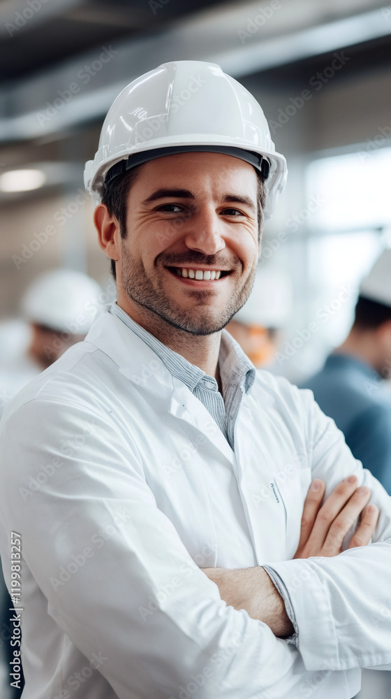 Poster portrait of a smiling engineer wearing a hardhat and lab coat, standing in a factory with his arms c
