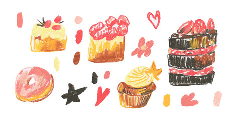 Clip art pink desserts drawn with wax crayons on white isolated background. Kids food collection of oil pastel illustrations. Designs for greeting cards, stickers, social media, posters.