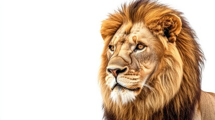 Fototapeta premium A regal lion with a full mane, gazing intently, isolated on a clean white backdrop,