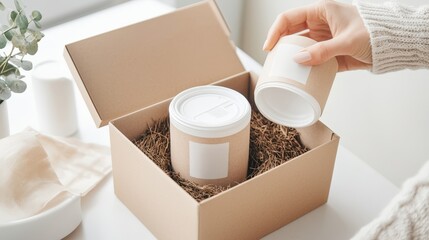 Eco-Friendly Biodegradable Initiatives Concept. A person unpacks a natural skincare product from a gift box filled with packing material.