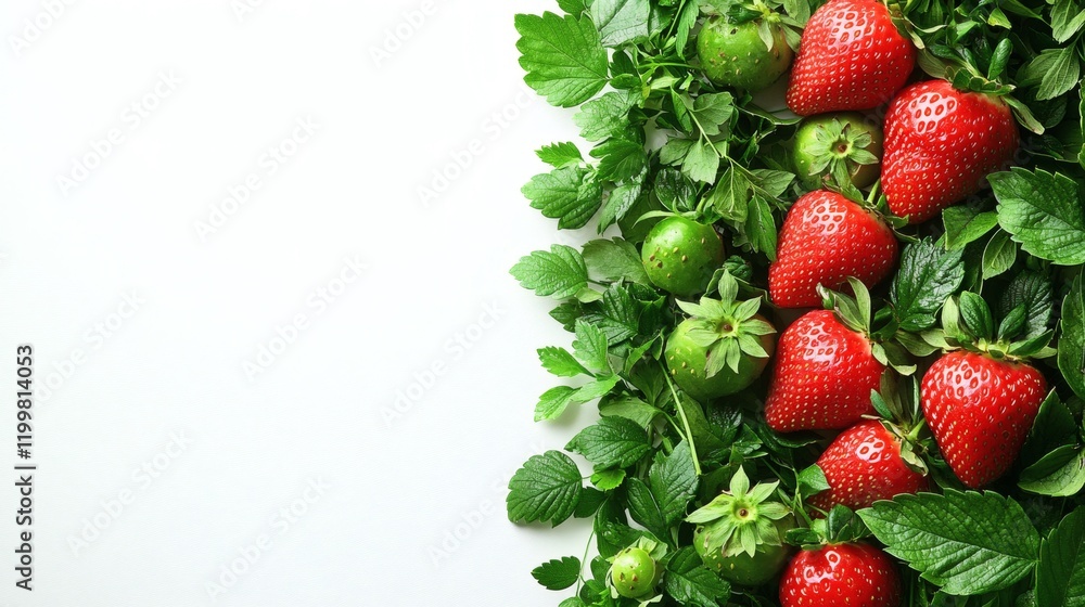 Poster isolated of fresh strawberries with vibrant red color and green leafy tops displayed on a white back