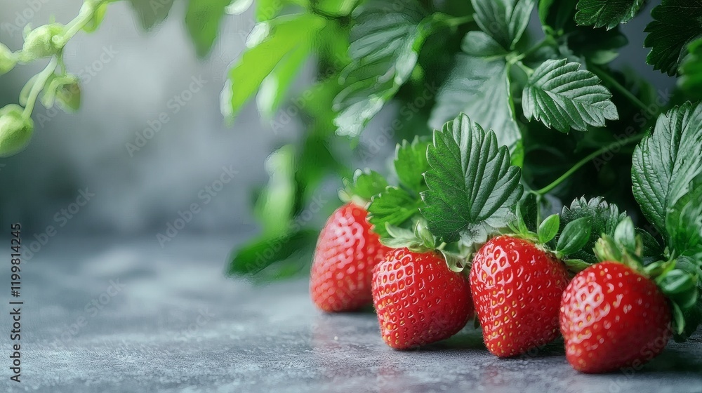 Poster isolated of fresh strawberries with vibrant red color and green leafy tops displayed on a white back
