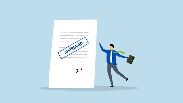 Document approved, 4k animation of happy businessman with document paperwork with approved stamp.