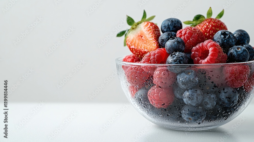Poster isolated of a cluster of mixed berries including strawberries blueberries and raspberries arranged i
