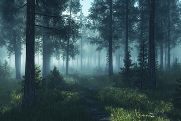 Obraz premium Misty pine forest enveloped in serene fog at sunrise, creating a peaceful and enchanting atmosphere for nature enthusiasts and landscape photography lovers
