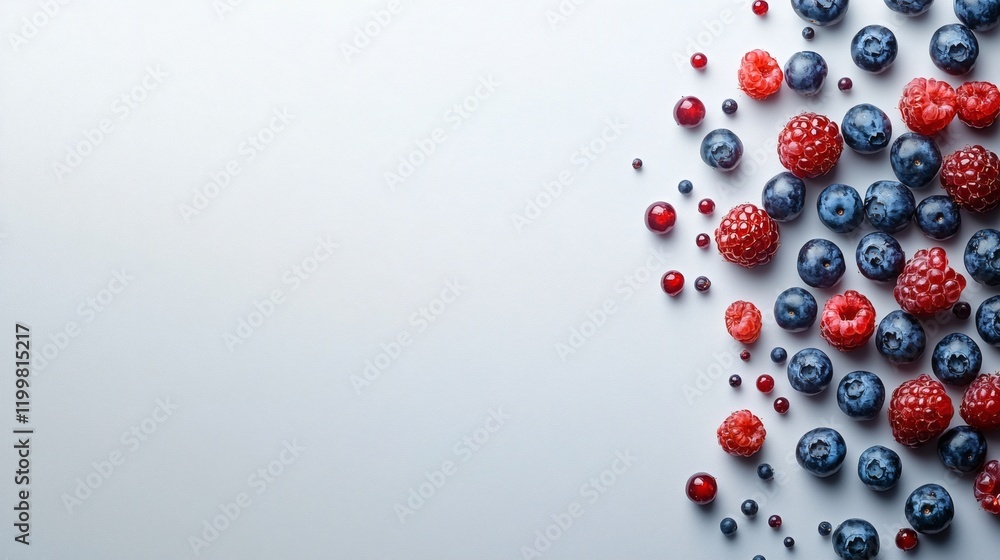 Poster isolated of a handful of ripe blueberries scattered evenly across a seamless white background stock 