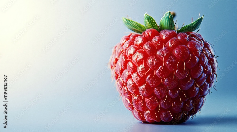 Poster Isolated of a single raspberry with its rich red hue and textured surface placed in the center of a plain white background Stock Photo with side copy space