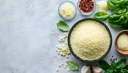 Raw couscous and ingredients on light table, flat lay